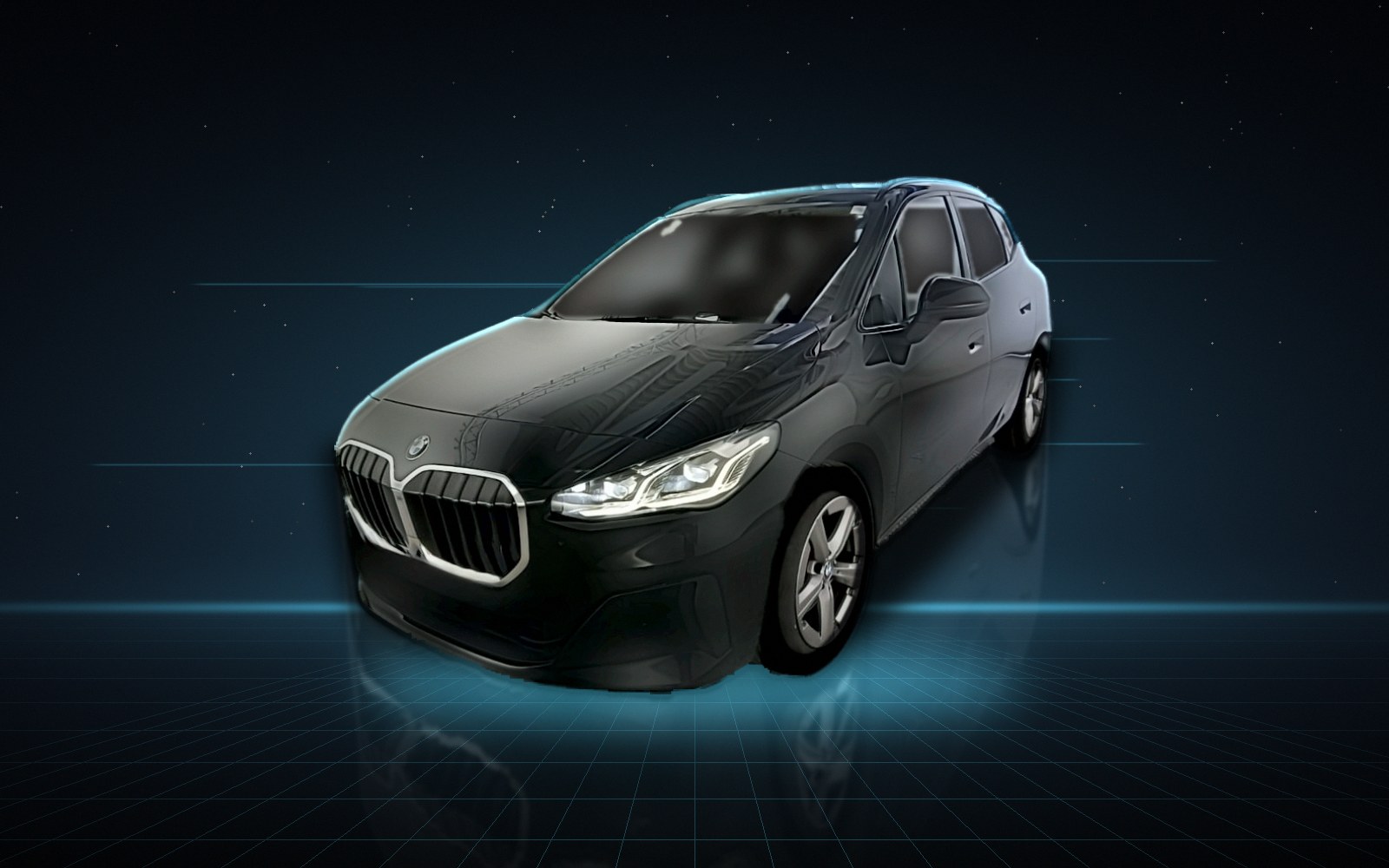 Schwarzer BMW 2er Active Tourer, Ansicht schräg von vorn